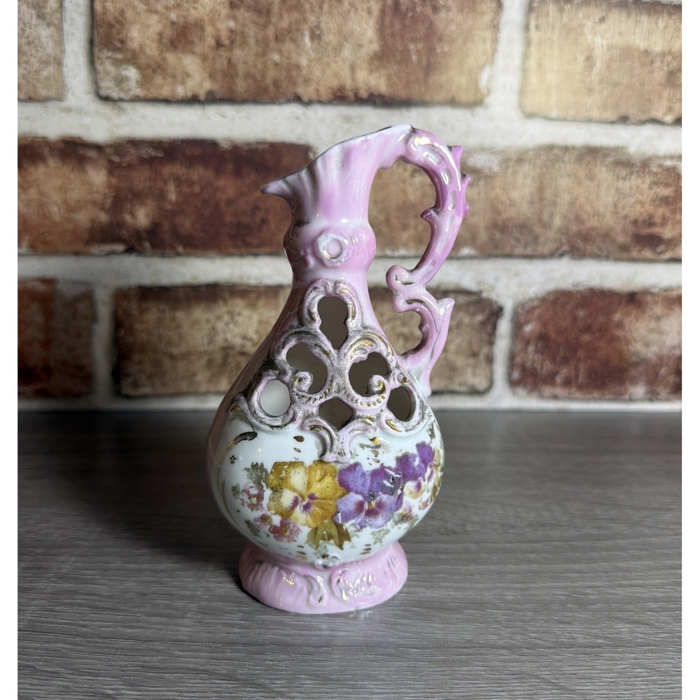 VTG Hand Painted Reticulated Porcelain Mini Ewer Pitcher Pink Gold Floral Vase